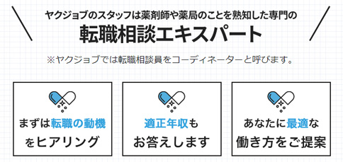 ヤクジョブのスタッフは薬剤師や薬局の事を熟知した専門の転職相談エキスパートです。